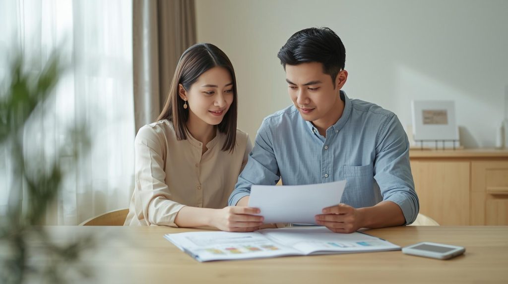 年輕家中伴侶在餐桌前一起閱讀保單與財務資料的情境,象徵保險基本功能包含保障、風險轉嫁、醫療補強與家庭財務規劃,是常見的家庭保險檢視與保障配置示意圖。