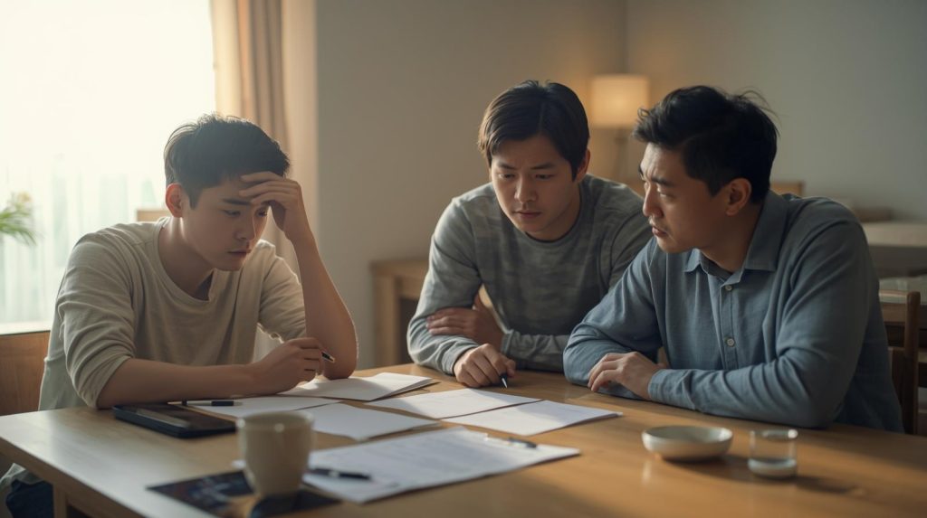 三位家人圍坐在餐桌前憂心討論文件與財務資料，年輕成員神情壓力大，象徵家族在面對遺產稅、資產凍結或現金流不足時的困境，凸顯預留稅源與壽險規劃的重要性。