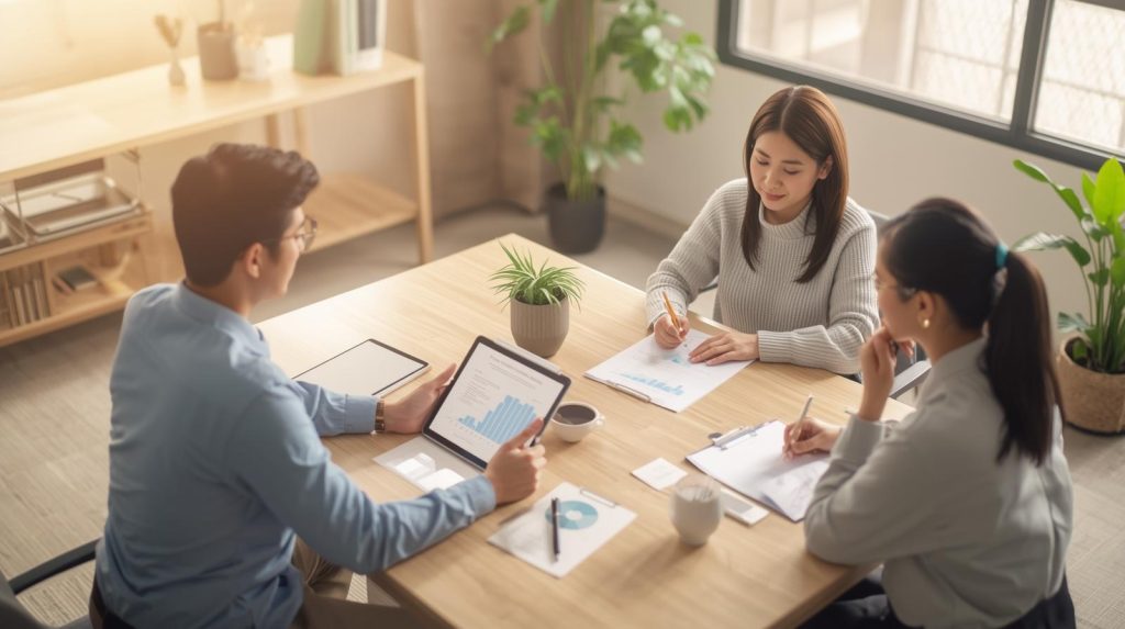 三位專業人士在明亮辦公室討論財務與保險規劃,桌上擺放投資報表與平板圖表,呈現壽險預留稅源規劃中常見的法規檢視、保單型態比較與稅務風險評估情境。