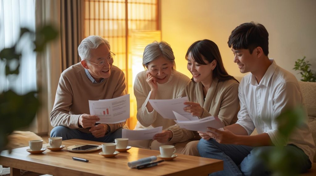 三代家庭一起討論保單內容,專注檢視等待期、共用額度、重大疾病定義與受益人設定等保險常見踩雷重點,象徵透過家庭協作降低風險、避免理賠糾紛。