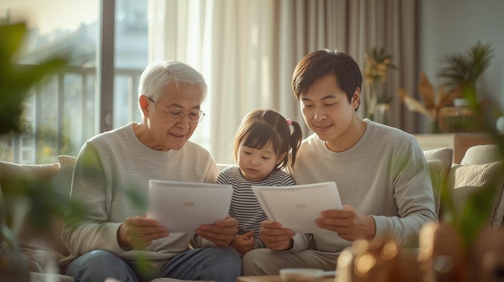 三代同堂在客廳一起整理財務與文件的溫馨場景，祖父、父親與小孩共坐沙發討論資產、遺產稅與保險規劃，象徵預留稅源、家族傳承與壽險保障的實務準備。