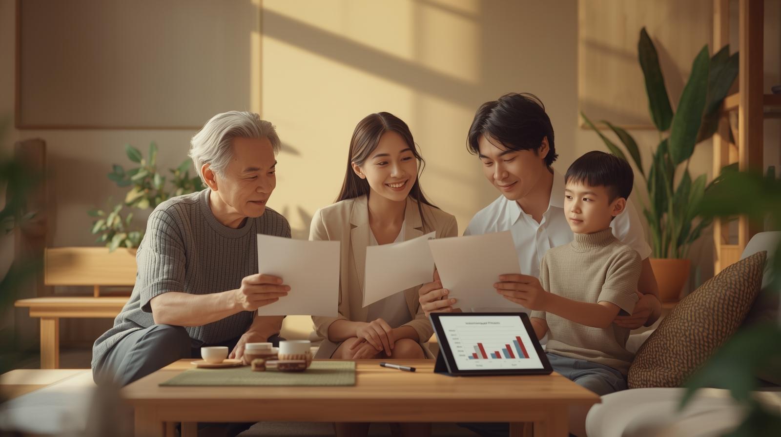 三代家庭在客廳一起檢視文件與財務報表，桌上擺著顯示資產趨勢的平板，象徵壽險預留稅源規劃中的法規檢視、保單選擇與家族共同討論的重要性，呈現完整稅源準備與財富傳承規劃的情境。