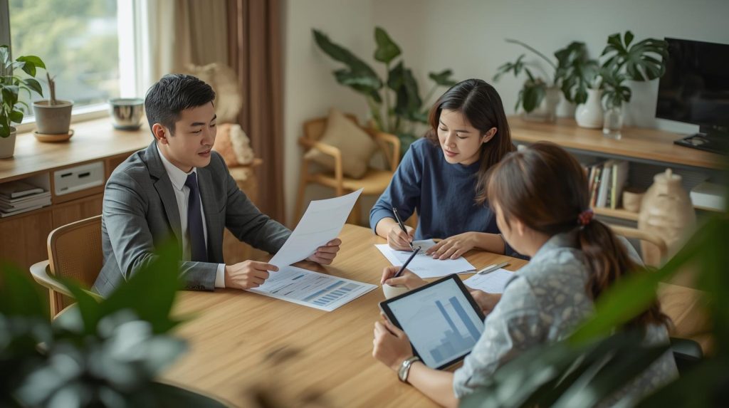 財務顧問向兩位客戶說明保險四大金融功能的專業諮詢情境,包含保障、風險轉嫁、資金累積與資產傳承規劃,用於提升家庭與個人的完整保險配置理解。