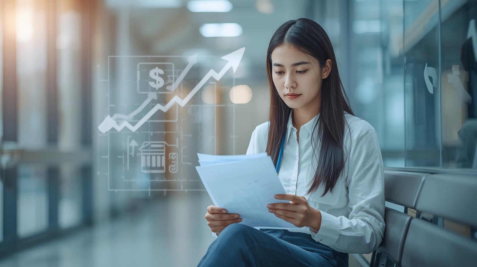 女性在現代辦公走廊閱讀文件，畫面中呈現保險保障與資金累積的財務圖示，象徵保險的四大金融功能：保障、風險轉嫁、資金累積與資產傳承的專業示意情境。