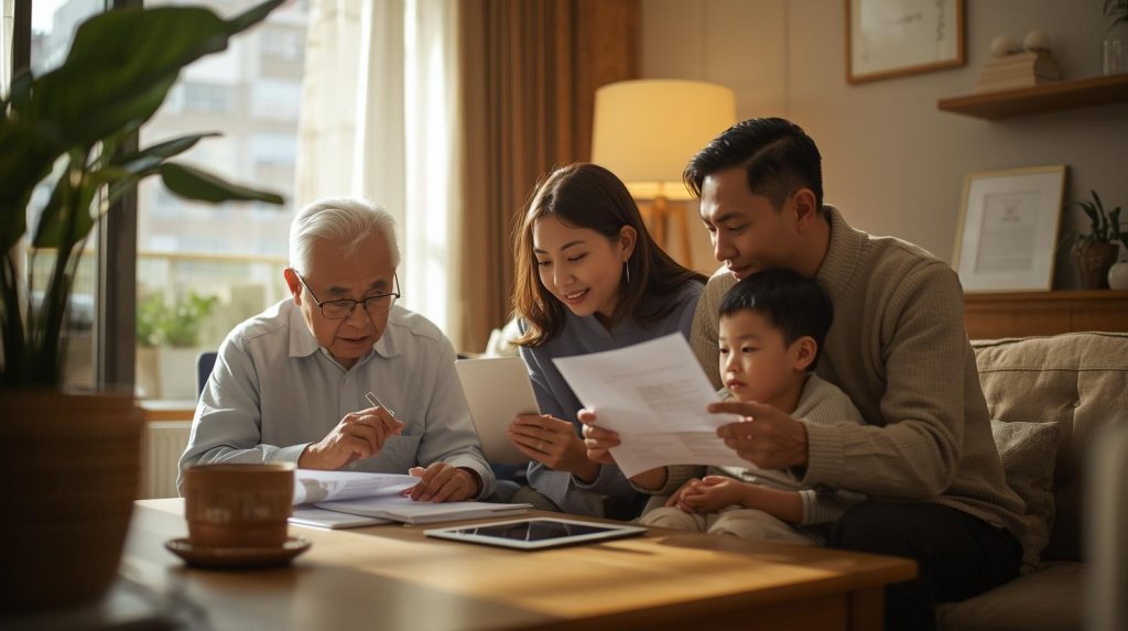 三代同堂家庭在溫馨客廳中一起討論保險與財務文件,象徵保險基本功能涵蓋保障、風險轉嫁、醫療補強與資產傳承,是家庭進行保單檢視與保障規劃的重要情境示意圖。