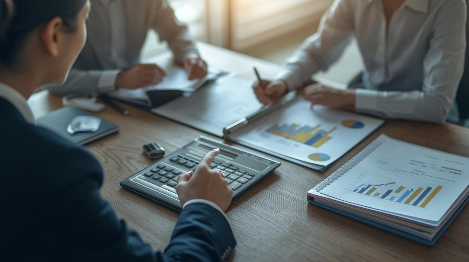 保險專業顧問與客戶討論財務報表與風險分析的情境示意圖，代表保險四大金融功能：保障、風險轉嫁、資金累積與資產傳承，是家庭與企業規劃保單配置時的重要金融策略畫面。