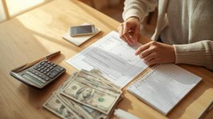 保戶在桌上檢視保單文件、計算醫療與理賠費用，旁邊放著美元現金與計算機，象徵常見保險踩雷議題，如等待期、共用額度、保險定義差異與受益人設定盲點。