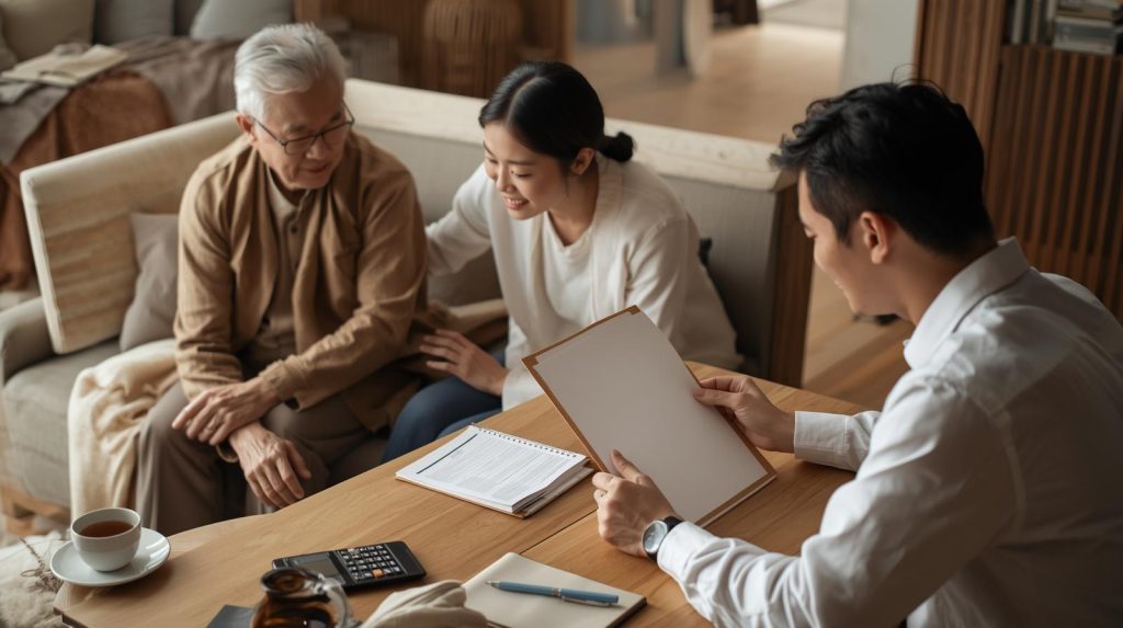 年輕家屬陪同長者與專業顧問在客廳討論文件與財務規劃,桌上擺有保單資料與計算機,呈現壽險預留稅源在法規審視、受益人設定與資金規劃上的實務諮詢情境,強調家族傳承與稅務配置的重要性。