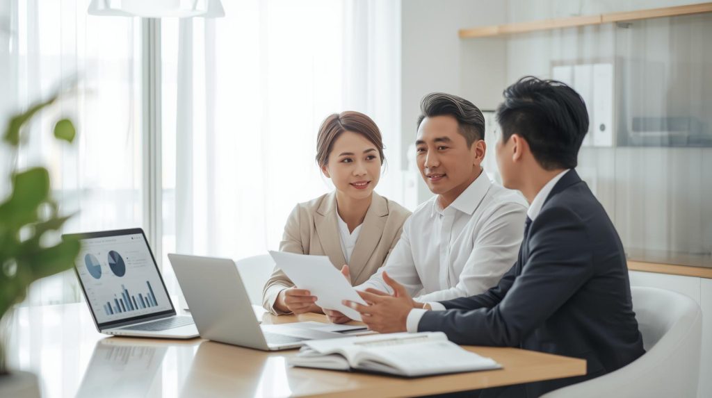 夫妻與保險專業顧問討論保單受益人指定、理賠給付與家庭保障規劃的情境,用於說明保險受益人設定、繼承保障與特留分制度的重要性。