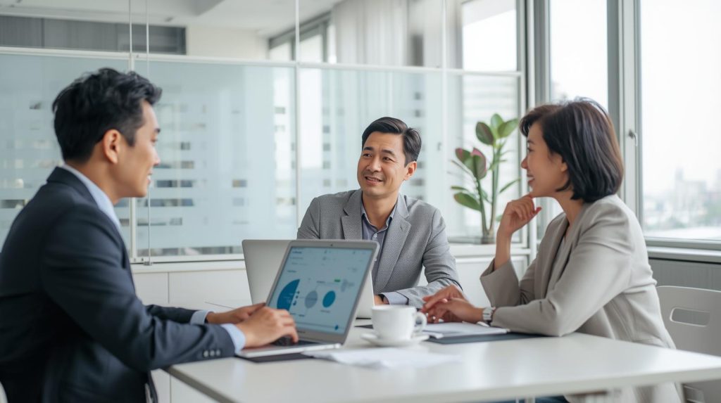 夫妻與保險規劃顧問於會議室討論保單受益人指定、特留分影響與家庭繼承保障策略,用於說明受益人設定與遺產規劃的重要性。