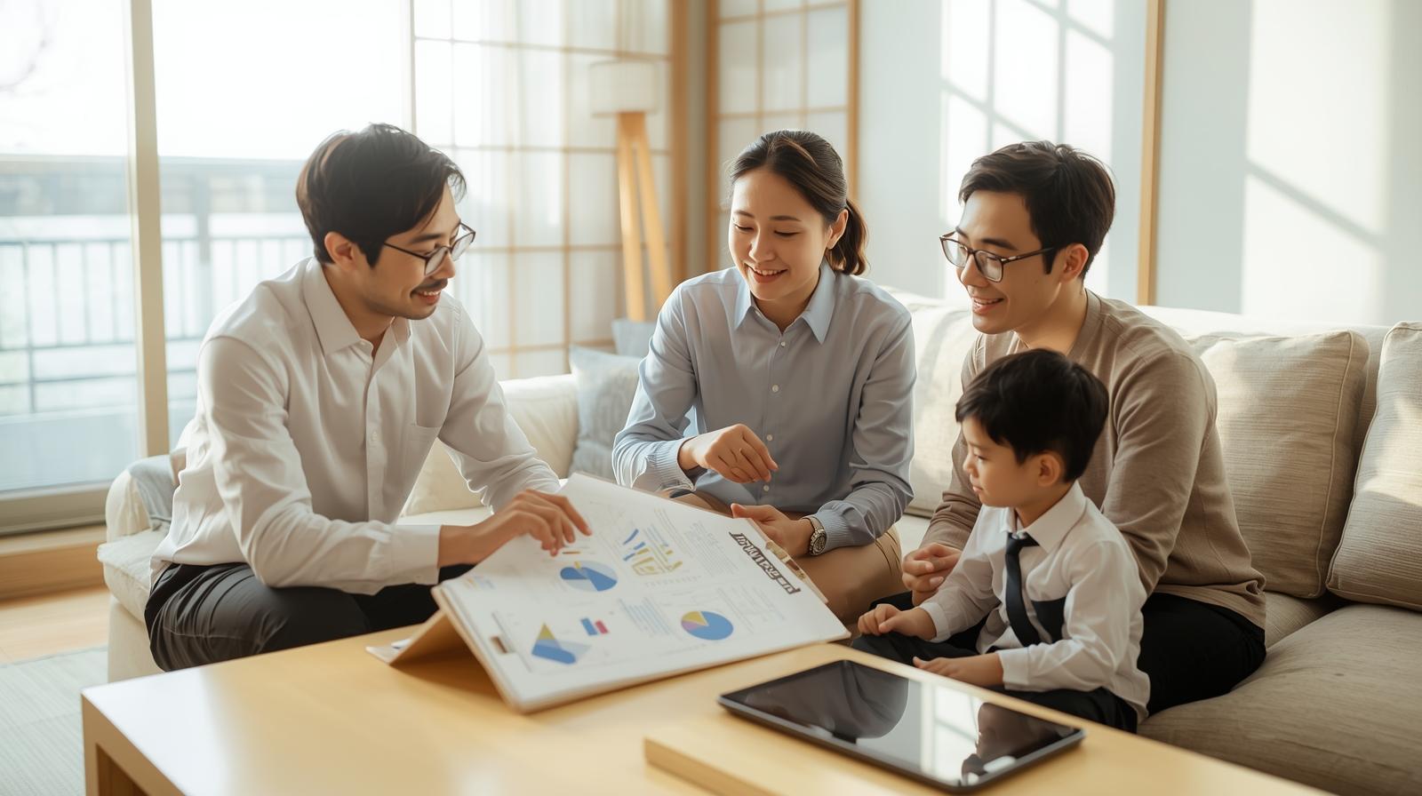 一家人在客廳與專業顧問討論保險指定受益人與財務規劃，桌上擺放圖表資料，呈現受益人設定與家庭保障配置的示意情境。