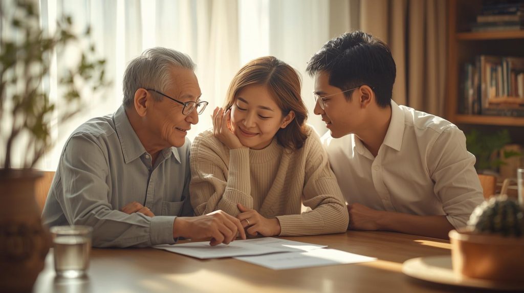 三代家人一起討論遺產與保險指定受益規劃的溫馨場景,長者與年輕夫妻在桌前查看文件,象徵繼承分配、特留分計算與家庭財務規劃的重要性。