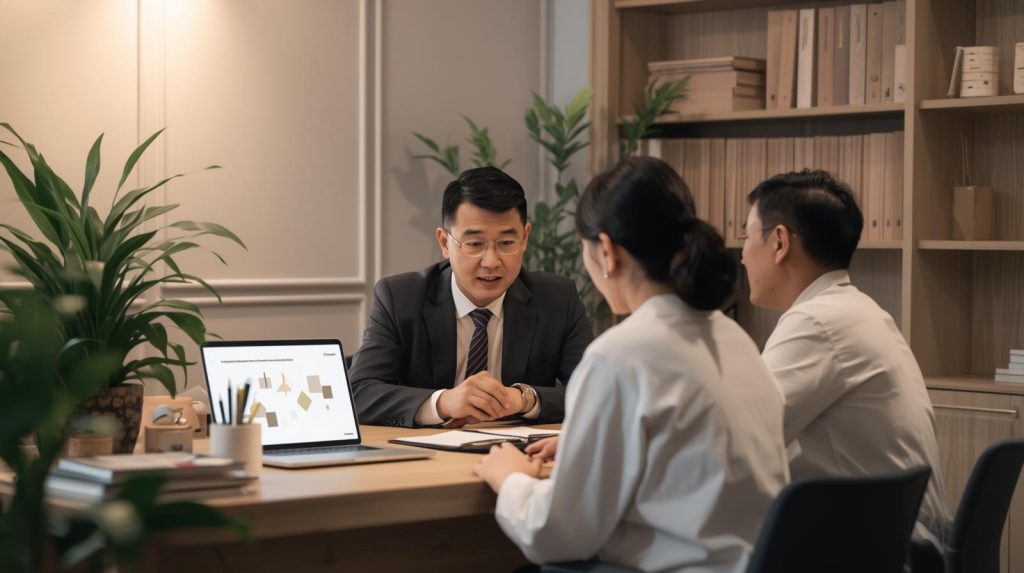 夫妻與專業顧問討論遺囑與特留分規劃的情境,象徵法定繼承、特留分保障與合法遺囑設計的重要性。