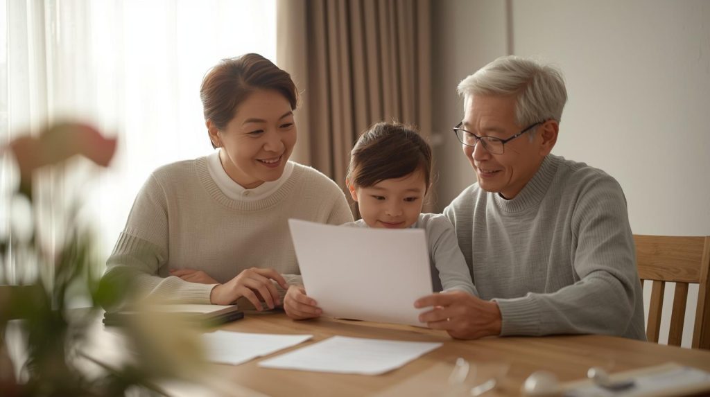 長輩與家人一起閱讀文件的溫馨場景,象徵特留分制度的重要性,以及遺囑分配時必須保障法定繼承人權益。